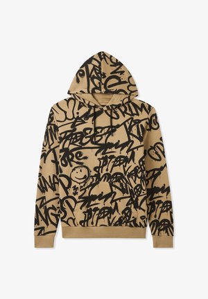 Felpa con cappuccio realizzata in tessuto beige con stampe in stile graffiti nere. Presenta una tasca frontale e polsini a costine per un look aderente.