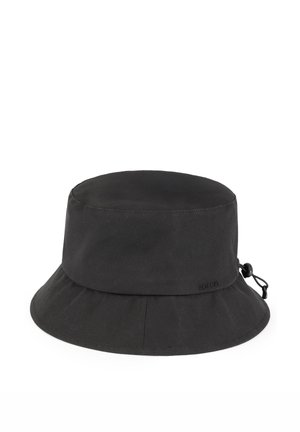 Schwarzer Stoff-Bucket-Hut mit verstellbarer Kordelschlaufe an der Seite, genähten Nähten und einer weichen, abgerundeten Krempe.