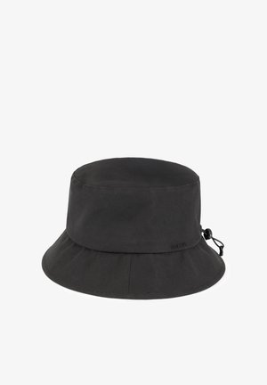 Schwarzer Stoff-Bucket-Hut mit verstellbarer Kordelschlaufe an der Seite, genähten Nähten und einer weichen, abgerundeten Krempe.