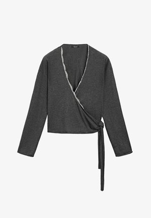 Ciemnoszary, długi rękaw, top na zakładkę z koronkową ozdobą wzdłuż dekoltu oraz wiązaniem po bokach w talii.