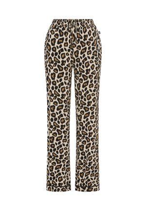 Leopard print loose-fit pants with an elastic waistband and drawstring tie, straight legs, and cuffed hems, on a white background.