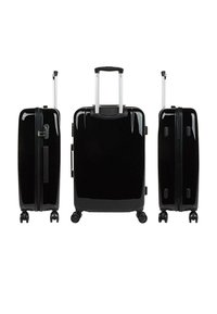 Maleta negra de carcasa dura con acabado brillante, asa retráctil, cuatro ruedas y cerradura de combinación. Cuenta con dos asas laterales para facilitar su levantamiento.