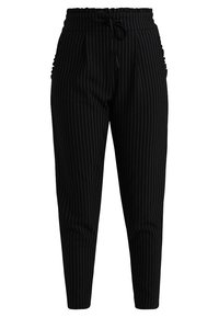 Pantalons noirs à rayures avec une taille élastique, cordon de serrage et poches latérales. Le tissu a une texture lisse avec un motif de rayures verticales.