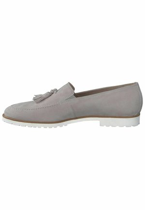 Light grey suede loafers with a tassel accent, rounded toe, and white rubber sole featuring a textured tread pattern.
