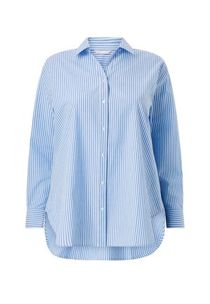 Lange mouwen, blauw-wit vertical gestreept overhemd met knopen, kraag en ronde zoom.