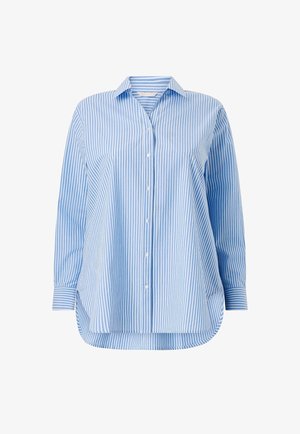 Langärmeliges Hemd mit blauen und weißen vertikalen Streifen, Knopfleiste, Kragen und abgerundetem Saum.