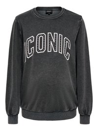 Donkergrijze sweatshirt met geribde halslijn en manchetten. "ICONIC" in vet, witte letters, versierd met metalen studs over de voorkant.