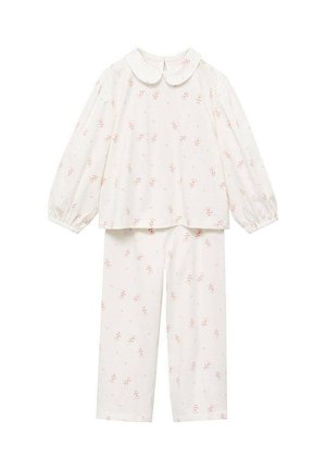 Weißes Schlafanzugset mit langen Ärmeln und Hosen, ausgestattet mit einem runden Kragen und floralen Mustern in hellrosa. Weicher Stoff mit elastischen Bündchen.