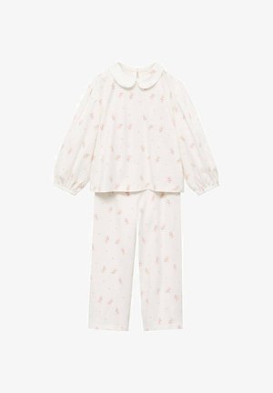 Ensemble de pyjama blanc avec manches longues et pantalon, présentant un col arrondi et des motifs floraux en rose clair. Tissu doux avec des poignets élastiques.