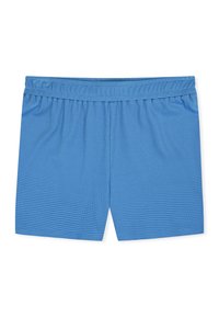 Blaue, strukturierte Badeshorts mit elastischem Bund, ohne sichtbare Logos oder Taschen, flach auf weißem Hintergrund dargestellt.