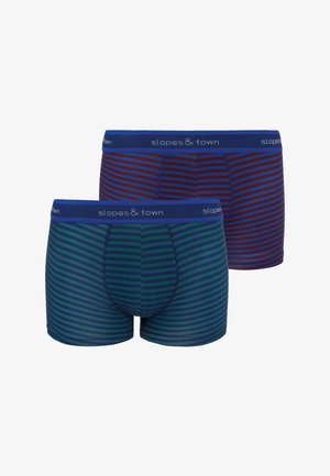 Due coppie di boxer in cotone elasticizzato: una in navy con righe rosse e una in verde con righe blu. Entrambi hanno una vita blu.