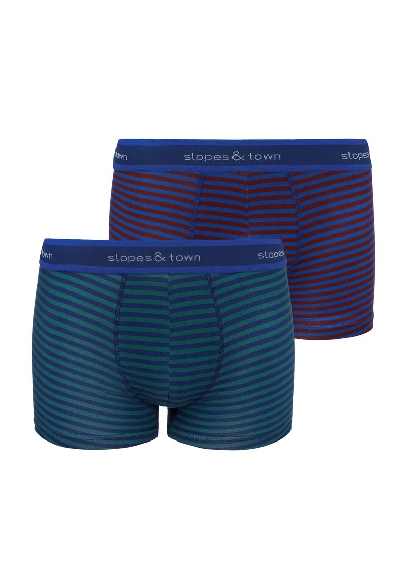 Dwie pary bawełnianych bokserków z dodatkiem elastanu: jedna w kolorze granatowym w czerwone paski, a druga w kolorze zielonym w niebieskie paski. Obie mają niebieską gumkę w pasie.