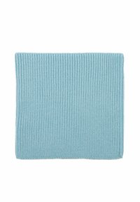 Tessuto rettangolare di colore blu chiaro, lavorato a maglia e con una texture a coste, che misura circa 30x20 cm. Materiale morbido, cuciture uniformi, senza motivi o accenti.
