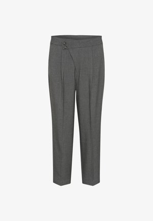 Sive muške hlače krojene od teksturirane tkanine, s širokim strukom koji ima dva dugmeta za zatvaranje i prednjim plisiranim detaljima za strukturiran fit.