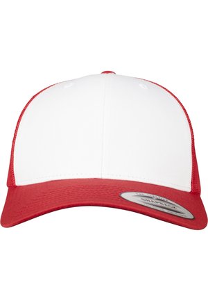 Rød og hvid snapback-kasket med et solidt hvidt frontpanel, rød skygge og mesh-bag. Har et rundt logo-tag på siden.