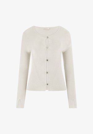Light beige ribbed cardigan with a round neckline and long sleeves. Features five metallic buttons down the front and slits at the cuffs.