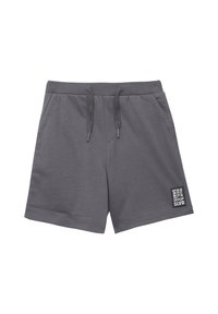 Grijze shorts van een lichtgewicht stof, met een elastische tailleband met trekkoord, twee zijzakken en een geprinte label aan de linkerkant.