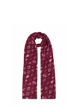 Langer burgunderfarbener Schal mit einem abstrakten Muster aus pinken und weißen Blättern und Blumen, gefaltet, um die volle Länge und das Design zu zeigen.