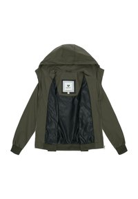 Ciemnozielona kurtka z kapturem i czarną wzorzystą podszewką, z otwartym przednim zamkiem błyskawicznym i elastycznymi mankietami, rozłożona płasko na białym tle.