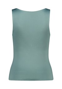 Top sin mangas de color azul claro con una textura suave, escote redondo y un corte ajustado, diseñado para una silueta aerodinámica.