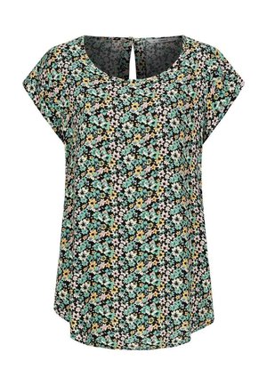 Blouse noire à manches courtes avec un col rond, une ouverture en forme de clé dans le dos, et un motif floral intégral en petites fleurs jaunes, bleues, roses, et blanches.