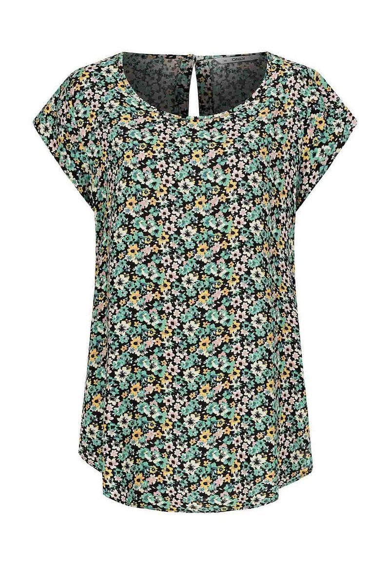 Blouse noire à manches courtes avec un col rond, une ouverture en forme de clé dans le dos, et un motif floral intégral en petites fleurs jaunes, bleues, roses, et blanches.