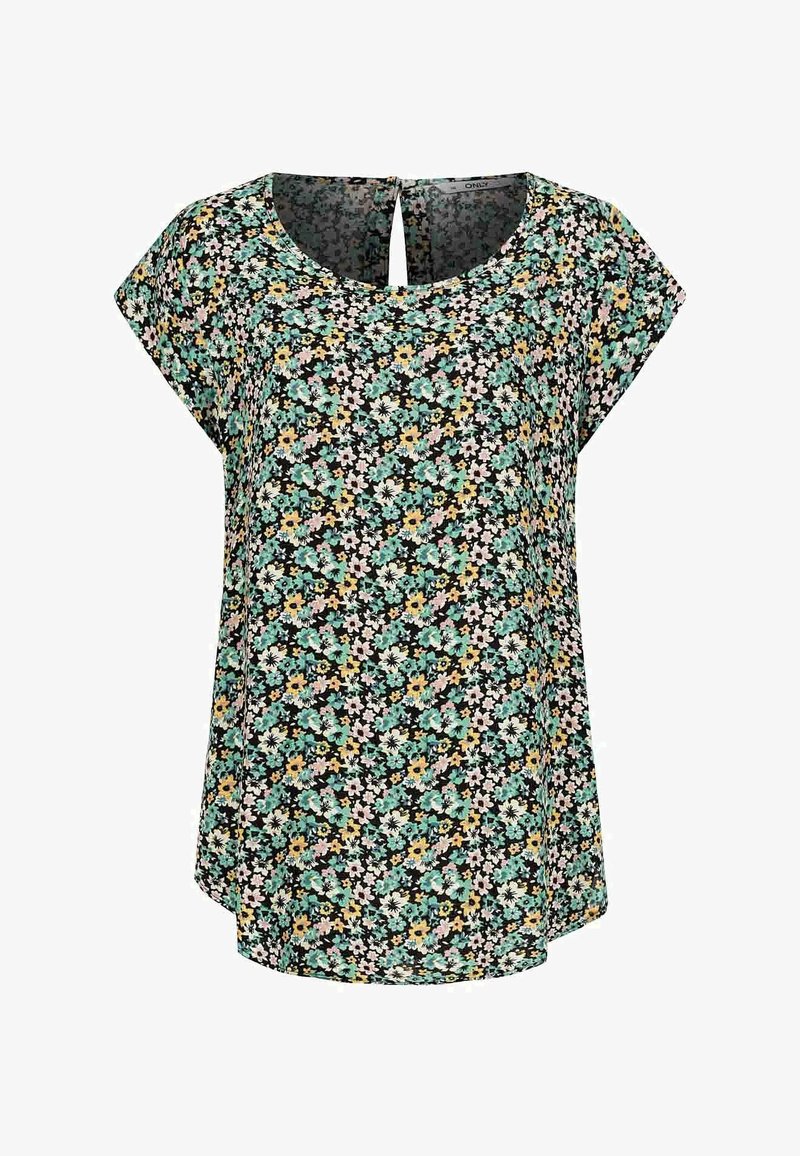 Svart kortärmad blus med rund halsringning, nyckelhål i ryggen och ett heltäckande litet blommönster i gult, blått, rosa och vitt.