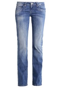 Světle modré džíny z denimu s přímým střihem nohavic, pěti kapsami, jemným vyblednutím a zapínáním na knoflík a zip. Mají poutka na pásek a kontrastní švy.