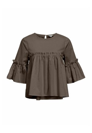 Blouse en coton marron avec un col rond, des manches évasées et un corps volants. Elle présente une ouverture en forme de clé dans le dos.