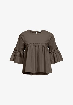 Blusa in cotone marrone con scollatura rotonda, maniche svasate e un corpetto arricciato. Presenta un'apertura a chiave sul retro.
