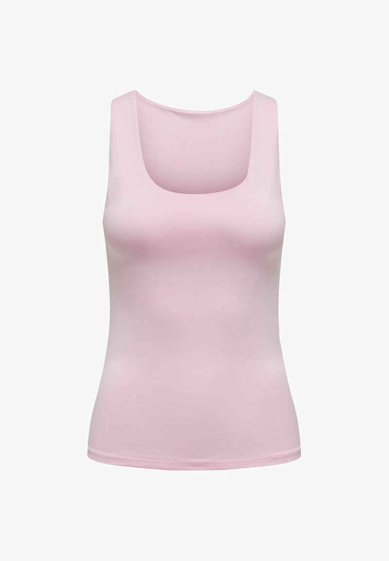 Débardeur rose clair sans manches avec un col carré en tissu lisse, présenté sur un fond blanc uni.