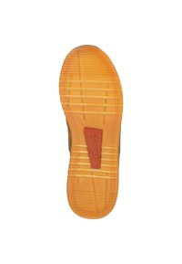 Gummischuhsohle mit strukturiertem Oberflächen; orange Farbe mit Rillen und einem zentralen Logo-Patch in Rot. Entwickelt für Grip und Langlebigkeit.