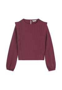 Top de manga larga burdeos con textura acanalada, escote redondo, pliegues en un lado y puños elásticos. Cierre en la parte posterior con apertura tipo lágrima.