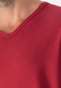 Rode V-hals t-shirt met een gladde textuur, voorzien van een eenvoudig, klassiek ontwerp en korte mouwen.