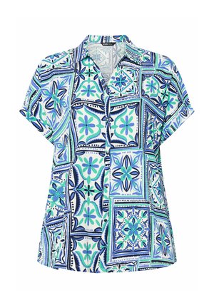Short-sleeve button-up shirt with pointed collar, featuring a blue and green floral geometric tile pattern on white background.