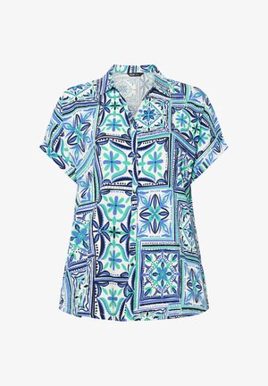 Kortærmet skjorte med knapper og spids krave, med et blåt og grønt blomstret geometrisk flisemønster på hvid baggrund.