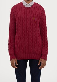 Karmosinröd kabelstickad tröja med ribbade muddar och kant, med en liten gul logotyp på bröstet. Bärs över en randig skjorta med krage.