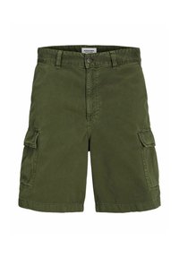Pantalones cortos de carga en verde oliva con dos bolsillos laterales y cierre de botón. Hechos de tela duradera con una textura suave y mate.