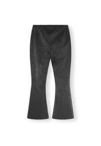 Zwarte, uitlopende broeken met een metallic glans. Gemaakt van rekbaar materiaal, met een elastische tailleband voor optimaal comfort. Soepele textuur.