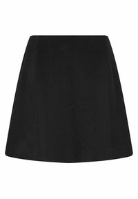 Musta A-linjainen hame, sileä pinta, korkea vyötärö ja minimalistinen muotoilu ilman näkyviä sulkimia tai kuvioita.