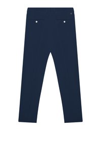Pantaloni blu navy con design dritto, realizzati in tessuto liscio, dotati di due tasche posteriori con chiusura a bottone.