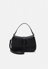 Black leather handbag with a curved shape, a short top handle, and a long strap, featuring a front flap and buckle detail. Smooth texture.