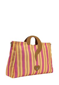 Borsa a tracolla a righe nei colori rosa, giallo e verde, con manico in pelle marrone e dettaglio a forma di cuore.
