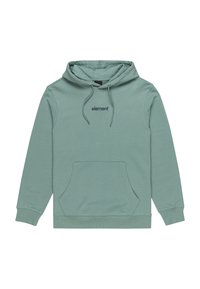 Mint green hoodie made from soft fabric, featuring a front pouch pocket, drawstrings on the hood, and a small logo in navy blue.