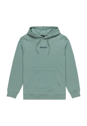 Mint green hoodie made from soft fabric, featuring a front pouch pocket, drawstrings on the hood, and a small logo in navy blue.