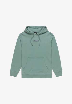 Mätovo zelená mikina vyrobená z mäkkého materiálu, s prednou vreckom, sťahovacou šnúrkou na kapucni a malým logom v námorníckej modrej farbe.