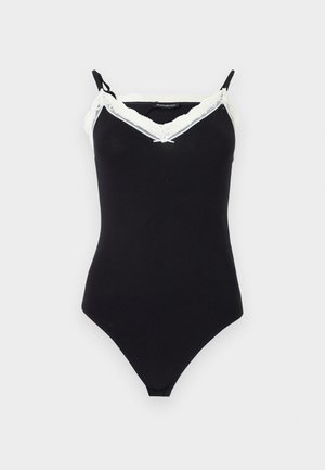 Must bodi õhukeste rihmadega, valge pitsiäärisega dekolteel ja väike keskmine lips detailiga ühevärvilisel taustal.