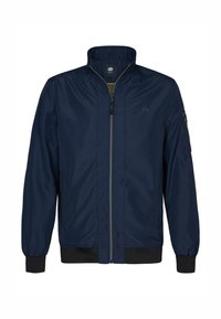 Marine windbreaker jas met een staande kraag, ritssluiting aan de voorkant, elastische manchetten en een ritszak op de linkermouw. Glad van structuur.