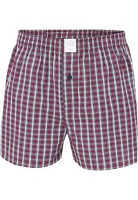 Boxers à carreaux pour hommes en rouge, bleu marine et blanc. Matière en coton, taille élastique, braguette à boutons et coupe ample pour plus de confort.