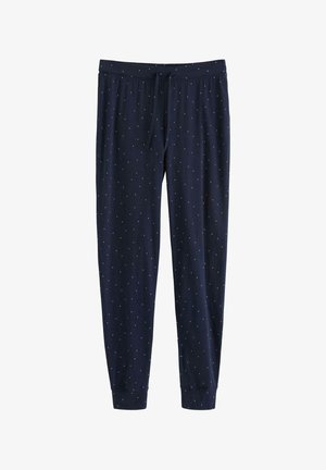 Marineblå pyjamasbukser lavet af blødt stof, med hvide prikker, en elastisk talje og en snor til justerbar pasform.